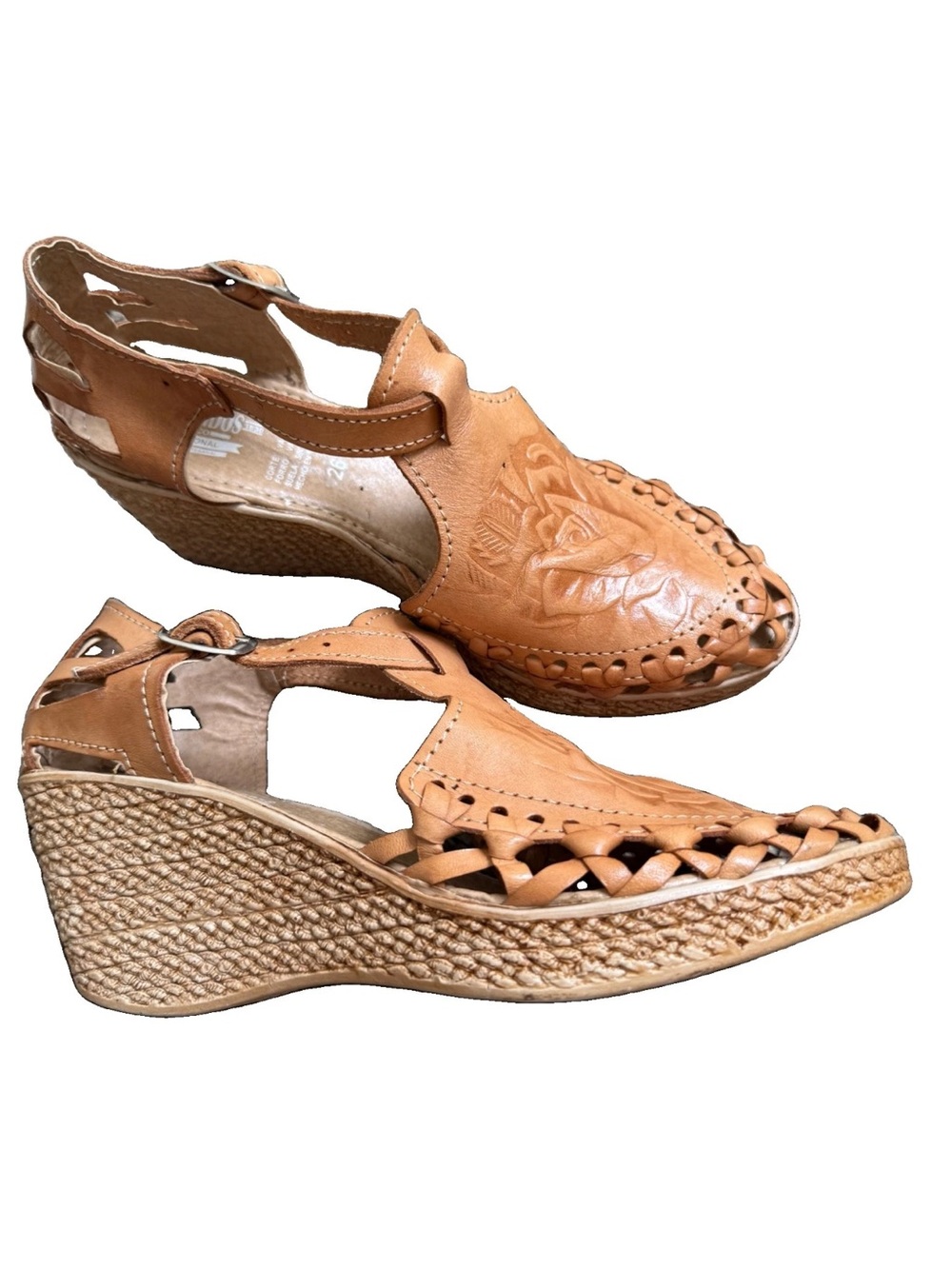 Armandos Leather Huarache Wedge Sandals Tan Rose Embossed Size 9 26 Mexican Boho